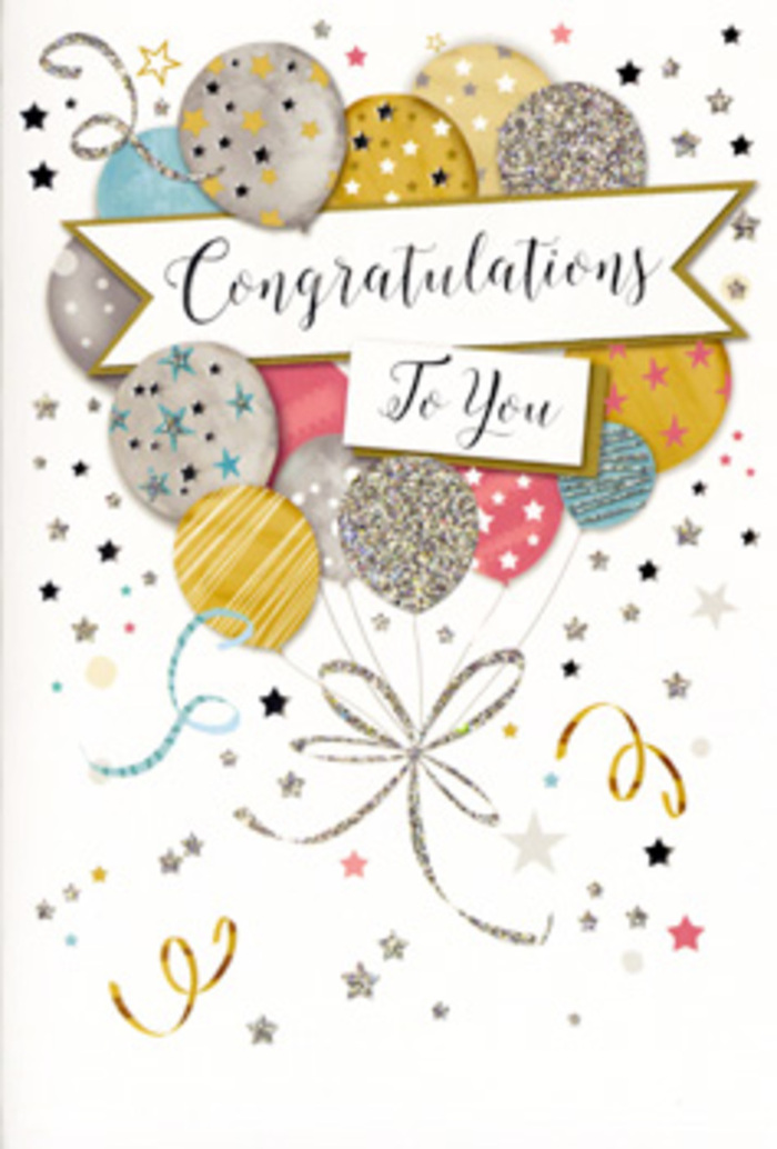 The image shows a refined, joy-filled congratulations card that looks as if a celebration has been gently captured in mid-air above the streets of Brockley. At its heart is a lush cluster of balloons, arranged much like a balloon bouquet you might see alongside fresh flowers in a local studio. The balloons overlap in harmonious shades of metallic gold, soft silver, pale champagne, sky blue, blush pink, and cool grey, each one carefully illustrated with tiny stars, glittering speckles, or slender bands of shimmering colour. Their rounded shapes appear softly luminous, as though they are catching the kind of natural light that filters through a Brockley bay window on a bright morning. From the base of the cluster, slender ribbons in gold and silver twist and curl downward, their delicate lines adding a sense of graceful movement. A flowing banner stretches across the central section of the design, carrying the message Congratulations To You in elegant, sweeping script that combines a formal flourish with genuine warmth. Surrounding the main composition are scattered stars, confetti-like dots, and swirling decorative elements, suggesting the carefree burst of joy that follows the announcement of good news. The background remains light and subtle, giving the design room to breathe and ensuring the balloon bouquet stands out, much as a carefully curated floral arrangement would stand out in a Brockley living room. As a florist who often pairs blooms with meaningful cards, I see this design as perfect for marking graduations, promotions, new beginnings, or any proud moment where you want the recipient to feel celebrated with style and heartfelt appreciation.