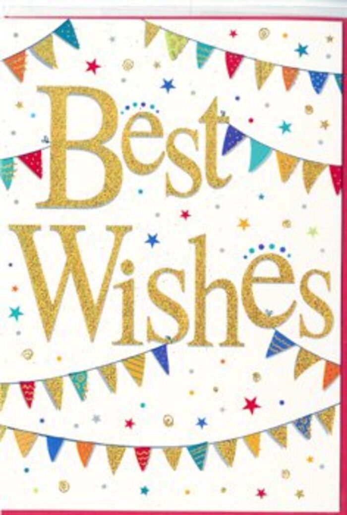 In this image, a jubilant Best Wishes card is displayed, its design capturing the upbeat atmosphere of a neighbourhood celebration in Brockley. The background is a pure, matte white, acting like a gallery wall that allows the colours and textures to stand forward without distraction. Centred on the card, the phrase Best Wishes curls across in opulent golden script, each letter slightly embossed so it appears raised and touchable. The gold finish has a subtle glittering quality, catching the light in tiny flashes that evoke the sparkle of confetti drifting through the air. Embracing this central message are curved strands of bunting that sweep across both the upper and lower part of the card, reminiscent of the cheerful flags often hung across local streets during community events near Hilly Fields or Ladywell. Each triangular pennant is painted in bright, saturated tones-vivid blues, reds, greens, yellows, and touches of purple-with some flags decorated in patterns such as miniature polka dots, linear stripes, or textured mosaic designs. These details give the card a handcrafted charm, much like a thoughtfully arranged bouquet from a trusted Brockley florist. Floating among and between the bunting strings are small, colourful stars and tiny dot motifs in coordinating shades, scattered with deliberate randomness to suggest movement and spontaneous fun. The mood is one of wholehearted congratulations and hopeful encouragement, ideal for marking milestones like graduations, promotions, or new ventures starting in SE4. If paired with fresh flowers for delivery around Brockley, this card would feel like an extra burst of celebration, turning a simple message into a keepsake of shared joy and good fortune.