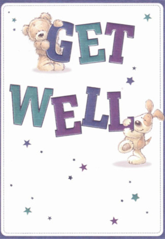 Overflowing with playful positivity, this get well card is like a gentle hug crafted in paper and ink. Two whimsical companions-a soft-furred teddy and a floppy-eared dog-are at the centre of the artwork, their joyful expressions and rounded features breathing hope into every brushstroke. The bold typography, shaded confidently in hues of purple and blue-green, anchors the sentiment, spelling out 'Get Well' in letters that feel as sturdy and reassuring as the trees dotting Brockley Rise. Surrounding them, delicate star motifs scatter like wildflowers found along Crofton Park's pathways, their cool indigo and turquoise tones adding a shimmer of possibility and hope. The crisp white background conveys a sense of freshness and clarity-vital ingredients for recovery, much like the scent of freshly delivered blooms from a local Brockley florist. There's a tactile richness to the illustration; you can almost feel the softness of plush fur, a direct parallel to the gentle textures of a thoughtfully arranged sympathy bouquet. This card feels tailor-made for sending lighthearted encouragement, its mood airy yet grounded, perfectly suited to brighten the day of anyone on the mend within Brockley or beyond.
