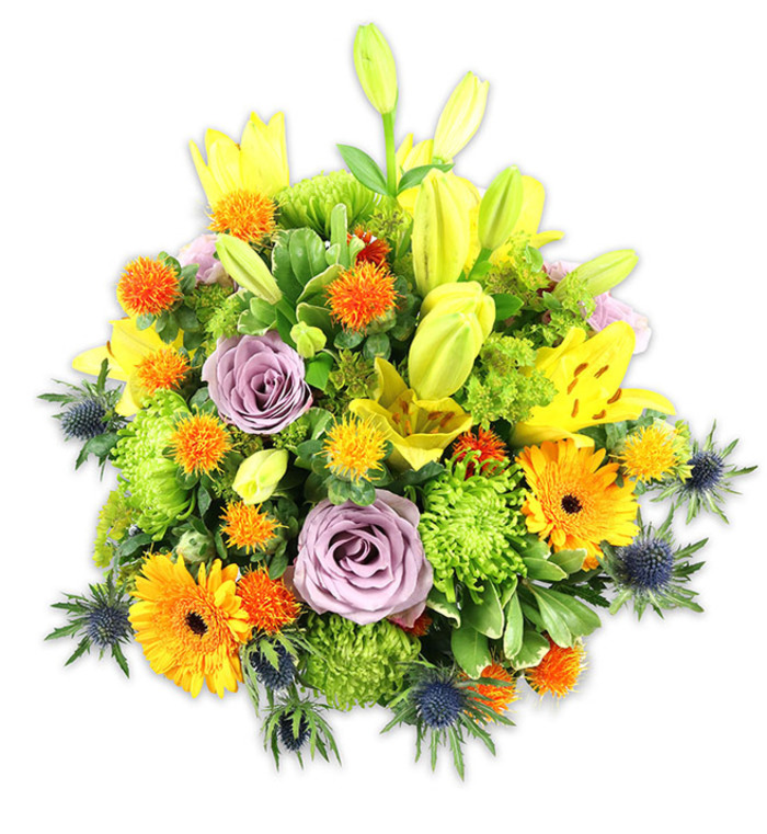 Captured on a plain white field that lets every hue read clearly, this densely packed bouquet is a study in joyous contrast and botanical texture, echoing the kind of seasonal arrangements you might spot at a stall near Hilly Fields. Yellow Asiatic lilies form the vertical backbone: some open wide to reveal freckled petals and stamens, others remaining as slender buds that add anticipation and sculptural height. Nearby, pale lavender-purple roses offer a soft, romantic focus - their layered petals providing a serene centre within the more exuberant colour play. Large orange gerbera daisies contribute bold circles of colour, their flat radiating petals and darker centres drawing the eye repeatedly around the form. Scattered among them are smaller, spiky globe blooms in warm orange and golden yellow that bring a lively, tactile contrast, while bright lime-green cushion chrysanthemums create generous, ruffled masses that make the bouquet feel full and abundant. Several blue-grey Eryngium thistles (sea holly) appear around the lower edges, their sharp, star-shaped bracts and silvery tones giving a cool, architectural edge to the otherwise warm composition. A mix of broad and slender green foliage - glossy leaves, textured sprays and softer filler greens - grounds the arrangement and enhances the perception of depth and freshness. The lighting is soft and even, accentuating petal texture and subtle colour shifts, and the overall effect is one of celebration and thoughtful craftsmanship: a centerpiece that brightens rooms, marks special moments or offers comfort, evocative of neighbourhood gifts and friendly deliveries within Brockley and nearby streets.