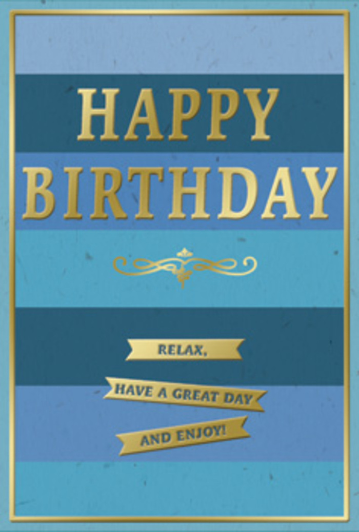 This birthday card combines gentle celebration with a sense of calm that feels perfectly at home in Brockley's leafy, artistic streets. The background is composed of broad, even stripes of blue laid out horizontally, almost like layers of calm sea or the slow shift of evening sky above Brockley's Victorian terraces. Deep navy, cool ocean blue, and softer sky and teal tones melt into one another, creating a tranquil ombre effect that invites the eye to wander slowly across the card. At the heart of this serene backdrop, the words HAPPY BIRTHDAY rise up in embossed gold lettering, bold yet refined. Each capital letter is slightly raised, catching and reflecting light like the glint of late afternoon sun on a shop window along Brockley Road. Beneath this main greeting, a graceful golden flourish stretches outward, its delicate curves adding a touch of old-world charm, as though borrowed from an antique greeting stored carefully in a drawer. Below the flourish, three small golden banners sit one under the other, their edges finely defined. Each banner holds part of the warm message: Relax, have a great day and enjoy! The sentiment feels unhurried, like a leisurely stroll through nearby Hilly Fields on a birthday morning. A thin gold line frames the entire design, keeping the blues and golds contained in a neat, elegant border. The card appears to have a softly velvety finish, with the gilded elements adding slight texture under the fingertips. Pictured next to a hand-tied bouquet prepared by Florist Brockley, this card would complete a thoughtful, locally inspired birthday surprise - quietly joyful, beautifully balanced, and filled with gentle intention.