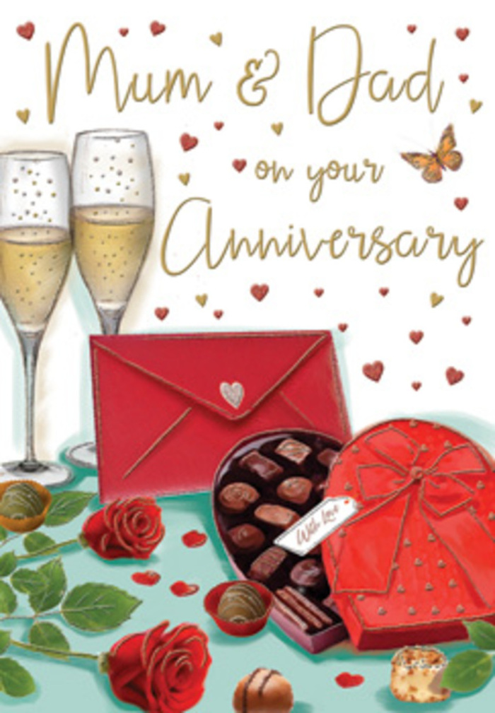 Detailed anniversary card artwork that feels like a still-life of love and shared history, reminiscent of an intimate celebration in a Brockley home after a stroll through Hilly Fields. The composition centres on a pair of luxurious red roses, placed gently on a table so their velvety petals catch the warm, ambient light. Each bloom is illustrated with soft shading and subtle highlights, creating the impression of freshly cut flowers chosen with care. Close by rests a heart-shaped box of chocolates, its deep red casing edged with delicate lines and finished with a wide, satin-like bow tied in a lavish knot. The lid is slightly open, revealing perfect little chocolates nestled inside, as if inviting a shared treat. Behind them, two slim champagne flutes stand shoulder to shoulder, filled with golden liquid that sparkles with tiny illustrated bubbles, evoking the quiet joy of a private toast. Gold and crimson hearts float and twirl across the background, framing the words Mum & Dad in a way that feels both celebratory and tender. A bright red envelope with a neat flap sits in the foreground, suggesting a handwritten message full of appreciation, perhaps posted from near Brockley Market and carried carefully home. The colour palette of rich reds, gleaming golds, and soft neutrals creates a glowing, festive mood, while the textures-the imagined silk of the bow, the cool glass, the softness of petals-add depth and warmth. As someone who often arranges anniversary flowers for families across Brockley, this card image feels like a heartfelt tribute to parents whose love has quietly anchored the home for many years.