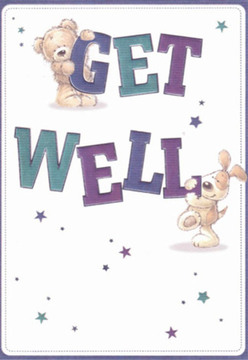 The gentle warmth of this get well card evokes the welcoming spirit found within Brockley's creative lanes and green spaces. Illustrated with loving detail, the scene features a cuddly teddy bear perched atop bold, rounded lettering that spells out 'GET,' while a floppy-eared puppy nestles affectionately below 'WELL.' Their forms are rendered with inviting softness, their bright eyes brimming with kindness and encouragement. Rich strokes of violet and teal across the text lend energy and visual depth, standing out vividly against the pristine cream background-an aesthetic balance not unlike the vibrant contrasts seen in well-balanced bouquets from florists near Brockley Market. Whimsical stars, painted in varying shades of blue and purple, gently orbit the characters, hinting at the magical comfort of receiving well wishes from friends or family. The card's tactile illustrations conjure memories of plush toys and playful afternoons on Brockley Common, underlining that sense of nurturing support. Each element seems placed with the same intentionality and care that goes into assembling a bouquet meant to lift the spirits during difficult times. This design doesn't merely communicate a message-it creates an atmosphere of optimism and healing, offering a comforting embrace unique to Brockley's close-knit community.