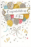 A thoughtfully designed congratulations card is depicted, its artwork evoking the same sense of uplift you might feel walking through Brockley on a bright, celebratory day. The central focus is a generous bouquet of illustrated balloons, rising in a cheerful cluster from the lower half of the card. Each balloon has its own delicate character: some glow with soft metallic gold and silver, others blush with pink, champagne, sky blue, or gentle grey tones. Fine details-tiny stars, subtle glitter textures, and slender stripes-add a sense of luxury and sparkle, as if the surface might gently catch the light when tilted in your hand. Graceful ribbons trail down from the balloons in flowing curls of gold and silver, echoing the playful movement of real party streamers. Across the middle, a gently arched banner drifts among the balloons, bearing the message Congratulations To You in elegant, hand-lettered-style script that feels both personal and heartfelt. Around the main motif, scattered stars, dots of confetti, and looping decorative lines create an atmosphere of motion and festivity, much like the energy of a gathering of friends in a Brockley garden celebrating a job well done. The overall palette is soft yet radiant, making the card suitable for a wide range of milestones-from exam success and promotions to new ventures or special achievements. Created with the same care we bring to crafting celebratory bouquets for local delivery, this card design captures the feeling of shared pride and joy, turning a simple congratulatory message into something memorable, graceful, and visually uplifting.