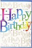 This birthday card radiates the same kind of joyful energy you might feel walking past a Brockley florist window filled with bright, mixed arrangements. At the centre, the message Happy Birthday is written in large, playful letters that almost seem to lift off the card, each one filled with a different tone from a full spectrum of colour. The gradient sweeps across the words in a smooth progression that feels like a sunset shifting from warm crimson and raspberry to royal blue, aqua, leaf green and soft golden yellow. The finish of the ink appears velvety and saturated, giving the colours depth rather than a flat, digital look. Behind this central rainbow greeting, the background is densely patterned with the words Happy Birthday to you repeated in a fine, looping gold script. The script winds across the surface like gentle handwriting in a treasured card, its metallic sheen catching the light much like sunlight glinting off the windows of homes along Brockley Road. The gold feels elegant and festive, yet light enough that it never competes with the bold central lettering; instead, it frames it with a constant, whispered chorus of good wishes. Subtle hints of shimmer throughout the script suggest that the card might have delicate glitter or foil detailing, adding a festive sparkle without feeling overdone. Overall, the design feels warm, modern and full of life, ideal for tucking into a bouquet delivered for a birthday gathering in a Brockley garden or a cosy celebration with friends nearby, where the card itself becomes part of the joyful atmosphere.