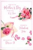 The Mother's Day card shown here evokes the feeling of a freshly arranged floral display laid out on a bright, tidy workbench in Brockley. At its heart is a main cluster of lush pink roses, their full, layered petals rendered with realistic depth and softness, suggesting the faint, powdery scent you'd expect from a traditional garden rose. The pink tones drift from delicate blush along the outer edges to a richer, warmer shade toward the flower cores, giving the blooms a gentle inner glow as if touched by early spring light. Around this focal bouquet, loose petals are scattered in an artful, seemingly casual pattern, like the remnants of trimming and shaping a real arrangement on a florist's table near Ladywell Fields. These petals bring a whimsical, almost poetic quality, hinting at memories, hugs, and shared moments. A soft pastel ribbon weaves through the composition, folding back on itself in relaxed curves, its satiny surface catching just enough highlight to suggest a smooth, touchable texture. Across the card, graceful handwritten calligraphy spells out loving Mother's Day wishes, the letters looping and swirling with a rhythm that echoes the shapes of the petals and ribbon. The overall palette stays light and airy, dominated by creamy whites and gentle pinks, with subtle shading adding depth without overpowering the calm mood. The image feels intimate and thoughtful, like a card slipped alongside a bouquet delivered to a quiet Brockley street, expressing gratitude, tenderness, and the quiet joy of celebrating a mother's love with flowers.