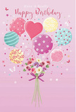 A whimsical birthday design unfolds like a daydream above Brockley, with a pastel bouquet of balloons and flowers floating together in joyful harmony. The background is a soft blush pink, soothing and warm, which allows the colours of the balloons to glow gently-dusty rose, mint green, sunshine yellow, and lavender drifting upward as if carried by a light breeze from Hilly Fields. Each balloon has its own charm: some are wrapped in candy-like stripes, others are dotted with playful spots, and one sits close to the centre with a heart-like curve that quietly radiates affection. Below this uplifted cluster, a charming bouquet gathers at the base, brimming with delicate roses and anemone-style blossoms in creamy ivory, tender blush, and muted mauve. Their petals appear feathery and softly ruffled, layered in the careful way a local florist might arrange a hand-tied gift for a Brockley birthday delivery. The flowers are bound with a neat violet satin bow, the ribbon catching a gentle highlight that echoes the shine on the balloons above. Around the bouquet, tiny stars and airy butterflies are scattered, adding a sprinkle of fairy-tale wonder, as though the arrangement has just floated out of a secret garden off Brockley Road. The composition feels airy and sweet, like a bright spring morning, capturing a mood of pure, uncomplicated happiness. It's the kind of illustrated birthday card image that turns a simple greeting into a memorable keepsake, perfect for sending smiles across Brockley and the neighbouring streets.
