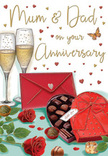 Romantic anniversary card scene illustrated in rich tones, evoking the atmosphere of a cherished family celebration somewhere along Brockley Road. The focus is a small, beautifully arranged tableau on a tabletop: two full red roses with lush green leaves are laid thoughtfully at the front, their petals rendered in deep, velvety layers that suggest both passion and tenderness. Just behind them sits a heart-shaped box of chocolates, its smooth red lid tipped open to reveal an inviting selection of truffles, while an extravagant red bow spills softly over the edge, adding a sense of indulgence. Two tall champagne flutes rise gracefully at the back, filled with sparkling golden champagne drawn with tiny, rising bubbles that capture the anticipation of a toast. Across the background, delicate strokes of gold and scattered crimson hearts swirl gently around the hand-lettered dedication to Mum & Dad, giving the card an unmistakably loving and celebratory tone. A vivid scarlet envelope lies nearby, sealed and ready, hinting at thoughtful words from children or grandchildren living in Brockley or nearby Honor Oak. The warm colour palette of ruby reds, glowing golds, and creamy highlights wraps the whole illustration in a sense of cosy intimacy, like soft lamplight on a special evening. You can almost picture the scent of roses, the rustle of paper, and the shared smile over a glass of fizz. To a local florist used to designing anniversary arrangements for SE4 families, this card reads as a visual thank-you note to parents whose love has quietly shaped their home and community.